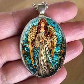 Unbranded Angel Stained Glass Oval Jewelry Vintage Silvery Nature Pendant Necklace