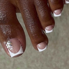 YOSOMMK French Tip Square Fake Toenails Short Press on Toe Nails Glossy Acrylic False Toes Nails Cute Flower Artificial Beach Toenail for Women