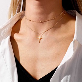 Yienate Boho Layered Cross Necklace Choker Vintage Gold Cross Pendant Necklace Pearl Satellite Choker Multilayer Statement Cross Necklace Jewellery for Women and Girls, Metal Material