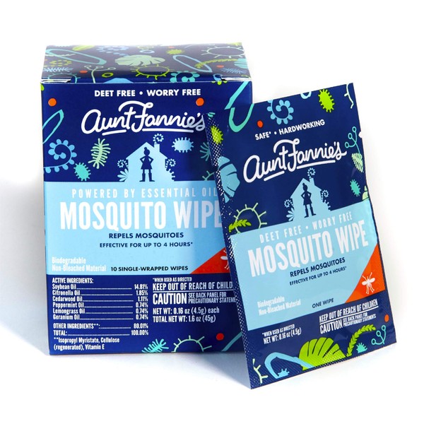 Aunt Fannie's Mosquito Wipes, Individually Wrapped Wipes for Indoor/Outdoor Protection (Single Pack, 10 Wipes)