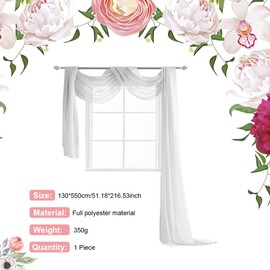 LANSKYLAN Pelmet Freehand Decoration Chiffon Curtain Wedding 130 x 550 cm Valances Window Decoration Transparent Voile Wedding Arch White Curtains Valance Tulle for Photography Party Wedding