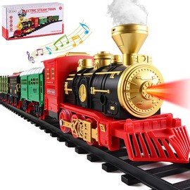 Electric Train Set with Retro Classic Locomotive Engine, Cargo Car and Long Track,Rechargeable Battery Operated Play Train Toys with Smoke, Light&Sounds train carriage，Christmas Train gifts, birthday Train gifts - Color: black gold