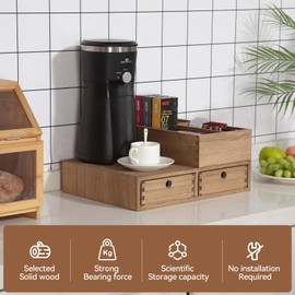KIRIGEN Wood Coffee Station Organizer Coffee Bar Accessories Storage Organizer Coffee and Tea Condiment Storage Organizer Coffee Pod Holder with Drawers Brown (KFJTZ-DBR)