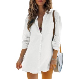 Womens Beach Cover Up Button Down Shirts Summer Cotton Gauze Tops Long Sleeve Bikini Swimsuit