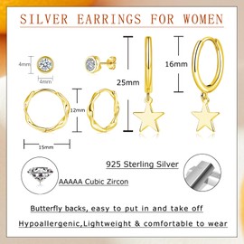 Kamise 925 Silver Earrings, 925 Sterling Silver Earrings Set for women, Gold Small Stud & Twist Hoop & Star Dangle Set, 3 Pairs Hypoallergenic Silver Sleeper for Multiple Piercings