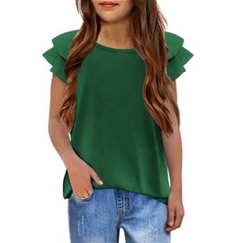 Arshiner Girls Tops Ruffle Sleeve Green Shirts for Girls Round Neck Blouse for Kids 10-12 Years