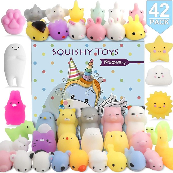 POKONBOY 42 Pcs Mochi Squishies Mini Squishy Toys, Kawaii Animal Squishies Stress Relief Toys for Boys & Girls Birthday Gifts Easter Event Classroom Prize Goodie Bag