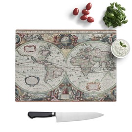 Kitchen Chopping Board Glass - Henricus Hondius II - Vintage World Map - Textured Worktop Saver Cutting Board - Heat Resistant, Shatterproof and Hygenic - 28.5 x 20 cm