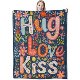 CUEBOS Hug Flannel Throw Blanket 50x60 Inch, Colorful Hand-Drawn Letter and Floral Blankets Soft Cozy Fleece Throws for Girls Women Bed Sofa Dorm Living Room Valentine Home Decor Gifts