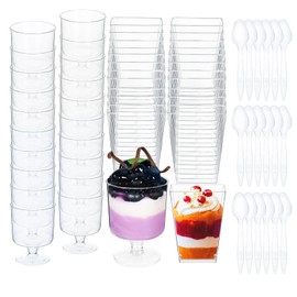 Ahongwenxi 240 Pack Dessert Cups with Spoons, 5 OZ Clear Plastic Dessert Parfait Cup Appetizer Cup for Party, Mini Reusable Square Goblet Dessert Cups for Fruit Ice Cream Pudding Cup Bowls