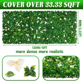 Redbaker Artificial Grass Wall Roll Panels 40x120 in(33.33 Sqft) Greenery Backdrop with Flowers Uv-Anti Faux Leaves Privacy Fence Screen Grass Wall Green Plant Boxwood Panels for Indoor Outdoor Decor