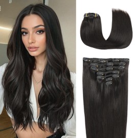 Clip in Hair Extensions Real Human Hair Natural Black Hair Extension Clip ins 24 Inch Double Weft Straight Real Hair Extensions Clip in Human Hair #1B 120g