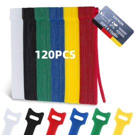 KACNON Pack of 120 Velcro Cable Ties, Velcro, 150 x 12 mm, 6 Colours, Velcro Cable Ties, Reusable, Adjustable Velcro Cable Ties, Velcro Cable Ties for Home, Office and Garden