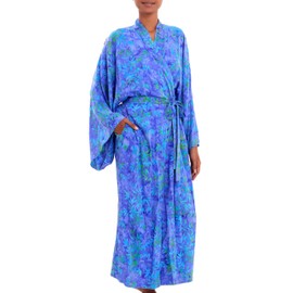 NOVICA Artisan Handmade Batik Rayon Robe Blue Green Leaf Long Sleeved with Belt Clothing Turquoise Printed Indonesia Tree ' Mystery Grove'