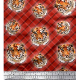Soimoi Red Silk Fabric Check & Tiger Face Animal Decor Fabric Printed BTY 42 Inch Wide