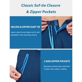 SILKWORLD Swimming Trunks for Men 9" Board Shorts Surf-tie Closure Beach Swimm Shorts with Zipper Pockets - No Mesh Liner, Peacock Blue, 36