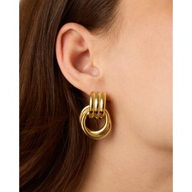 PAVOI 14K Gold Plated Two-Toned Trendy Chunky Geometric Dangle Earrings for Women | Mixed-Metals White & Yellow Gold Statement Earring Pair