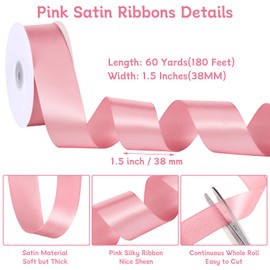 woric 1-1/2 inch Pink Ribbon, 60 Yards Pink Satin Ribbon Valentines Day Gifts for Flower Bouquet Gift Wrapping Bow Making Wedding Party Birthday Valentine's Day Decorations