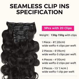 Lashey Seamless Clip in Hair Extensions Human Hair 9pcs 130g Body Wave 16 Inch Natural Black Clip in Hair Extensions for Women