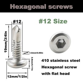 60PCS #12 x 3/4" Hex Socket Self Tapping Screws, 410 Stainless Steel Sheet Metal Flat Head Drilling Screw Self-Tapping Screws High-Strength Fast Sheet Metal Screws (5/8" to 1-3/4" Available)