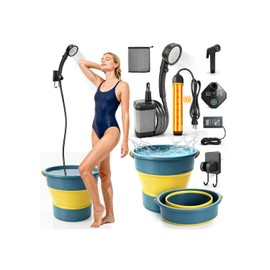 2026 Upgraded Portable Shower with Heater, 6000mAh Rechargeable Camping Shower Pump with LED Display, 3 Spray Modes 5 Gal Foldable Bucket, Outdoor Shower for Hiking RV Travel Pet Bath Car Washing