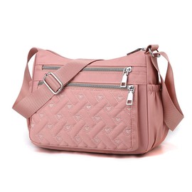 YUESITE Women's Shoulder Bag, Small Quilted Shoulder Bag with Multiple Pockets, Lightweight Waterproof Messenger Bags, Nylon Purse, Handbag, pink