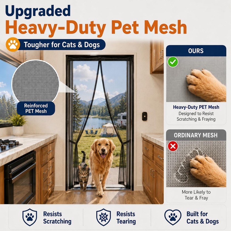 Yourheey RV Magnetic Screen Door 33"x80", Heavy Duty PET Mesh