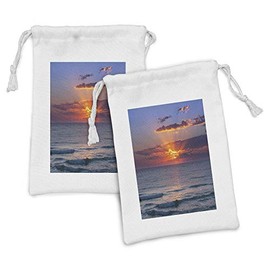 Lunarable Ocean Fabric Pouch Set of 2, Sunset Before Dusk at Cloudy Nature and Calm Sea with Small Waves Image, Small Drawstring Bag for Toiletries Masks and Favors, 9" x 6", Coral Orange and Blue