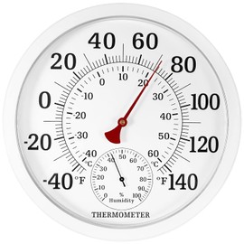 10.5 Inch Indoor Outdoor Thermometer Large Numbers - Weather Thermometer Hygrometer Waterproof, No Battery Needed Outdoor Thermometers for Patio, Home, Garden Decoration (White)