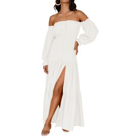 ZESICA Women's 2025 Boho Sexy Off Shoulder Long Sleeve Smocked High Waist Side Split Flowy A Line Tiered Long Maxi Dress,White,Small