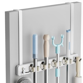 Lorbro Broom Holder Door Mount, Over the Door Broom and Mop Holder with 2 Over Door Hooks, Wood Broom Hanger, Tool Rack Organizer for Laundry, Garage, Closet, Kitchen Decor, 4 Slots & 4 Hooks Rustic