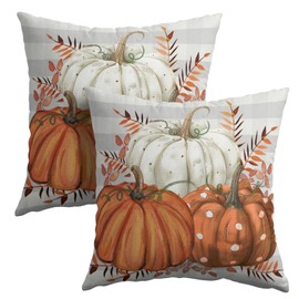 Fall Pumpkins Outdoor Pillows 18x18 Inch Set of 2 Autumn Harvest Pumpkin Pillowcase Buffalo Plaid Maple Leaves Decorative Throw Cushion Cover for Thanksgiving Seasonal Home Couch Porch Patio Decor