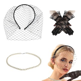 Black Mesh Veil Fascinator Headband with Rhinestones, 1920s Headpiece for Women, Suitable for Tea Party, Church, Birthday Party, Masquerade, Carnival, with Lace Gloves and Pearl Necklace