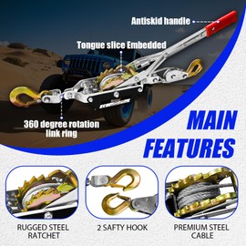 FITHOIST Come Along Winch 2-Ton (4400 Lbs) Pulling Capacity 7.54Ft 2 Hook Heavy Duty Power Cable Come Along Tool with Dual Gears Hand Winch Cable Automotive Hoist Winch Puller