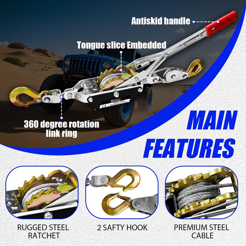 FITHOIST Come Along Winch 2-Ton (4400 Lbs) Pulling Capacity 7.54Ft