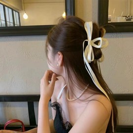 Bow Claw Clip with Long Tail Bowknot Hair Clip with Long Tassel Ribbon Claw Clips for Thick Thin Hair Bows Clips for Women Girls White Bow Knot Hair Accessories for Women Girls