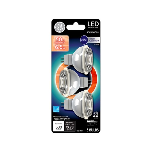 GE Lighting MR16 Indoor Floodlight LED Light Bulb, GU5.3 Base, 50-Watt Replacement, Warm White (3-Pack)