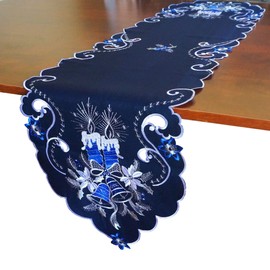 GRANDDECO - Camino de mesa de Navidad de 13 x 34 pulgadas, bordado floral de Navidad, velas azules, decoración de mesa para el hogar, comedor, Navidad, decoración de mesa