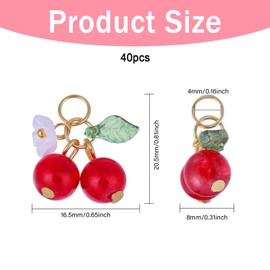 CHGCRAFT 40 Pcs Cherry Glass Pendant Decorations with 304 Stainless Steel Jump Rings Fruit Dangle Charms for Necklace Bracelet Earring Keychain DIY Craft Jewelry Making, 20.5×16.5×8mm