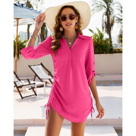 MIRALUNA Women's Bathing Suit Cover Ups Bikini Swimsuit Coverup Drawstring Beach Shirt Dresses, Hot Pink, Medium