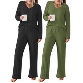 Ekouaer 2 Pack：Womens Ribbed Knit Pajama Set with Pockets Long Sleeve PJs V Neck Soft Loungewear Loose Matching Outfits Set Black and Army Green L