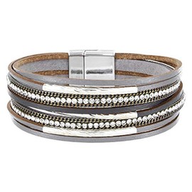 StarAppeal Women's Leather Bracelet with Rhinestones, Chains and Jewellery Elements, Silver Magnetic Clasp, Silver Plated