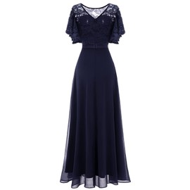 DRESSTELLS Chiffon Formal Wedding Guest Dresses, Sexy V-Back Bridesmaid Cocktail Prom Party Evening Gowns Maxi Dress for Mother of Bride, 2025 Spring, Navy M