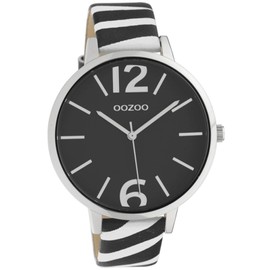 Oozoo Women's Watch with Zebra Look Leather Strap Animal Print Colours of Africa 43 mm, black/white, Strap.