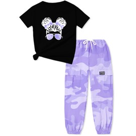 ARTMINE Girls' 2 Piece Outfits Casual Drawstring Denim Cargo Jogger Pants and Heart Print Short Sleeve Top Set, US 11-12 Years = Tag 160