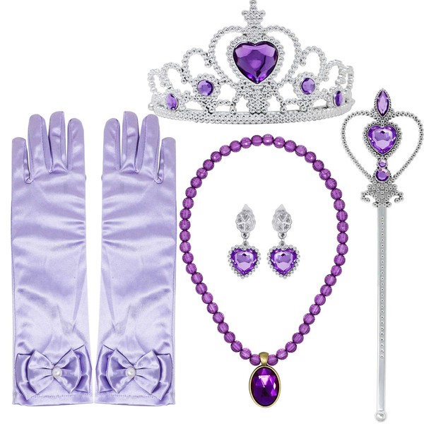 Princess Dress up Accessories 5 Pieces Gift Set for Sofia Rapunzel Crown Scepter Necklace Earrings Gloves