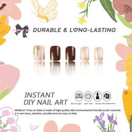 Fall Press on Nails Short Square MABKJLF Fake Nails Caramel Full Cover Gradient False Nails with Designs Gold Foil Glossy Glue on Nails Acrylic Nails Manicure Artificial Nails for Women Girls 24Pcs