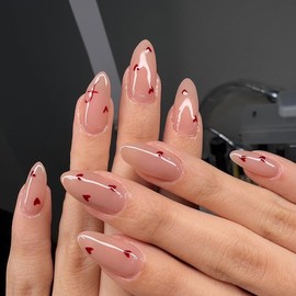 Valentine’s Day Press on Nails Almond Medium Fake Nails Nude Pink False Nails with Red Heart Designs Love Glue on Nails Nude Stick on Nails Full Cover Cute Acrylic Nails Glossy Artificial Nails