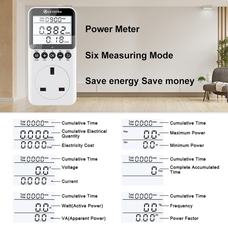 KETOTEK Electricity Usage Monitor with Backlight Power Meter UK Plug