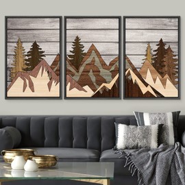 SIGNWIN Framed Canvas Print Wall Art Set Wood Panel Mountain Range Forest Nature Wilderness Illustrations Modern Art Decorative Farmhouse Zen for Living Room, Bedroom, Office - 24"x36"x3 Black